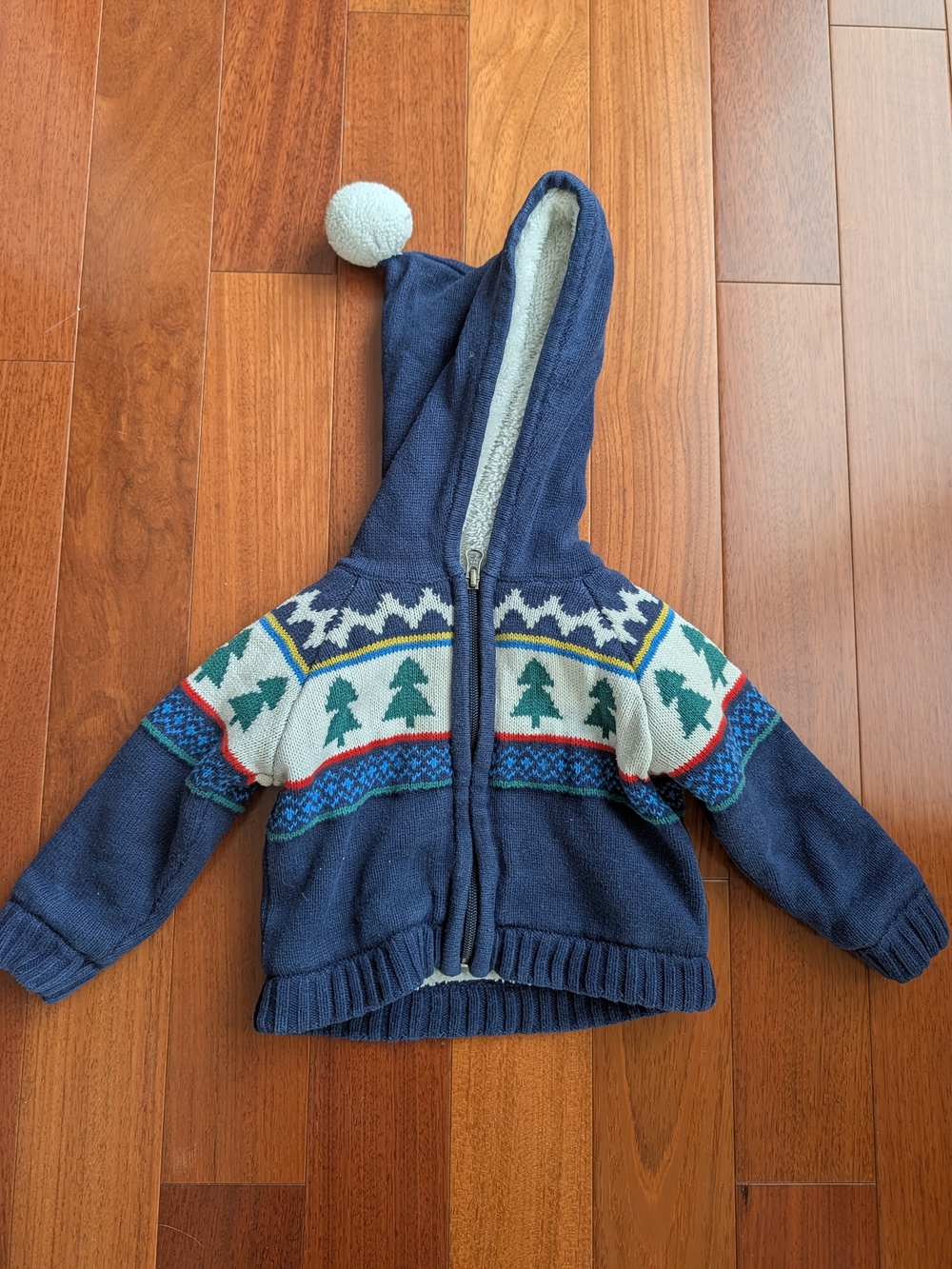 Hanna Andersson Navy Hooded Zip Sweater with Tree Fair Isle